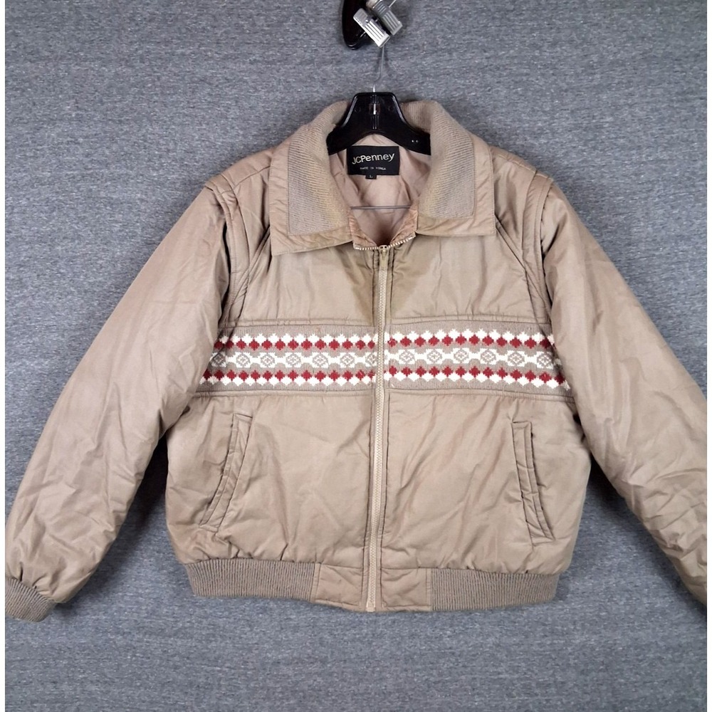 JC Penny Adult Jacket Large Tan Fair Isle Puffer Removable Sleeves 2 In 1 VTG‎